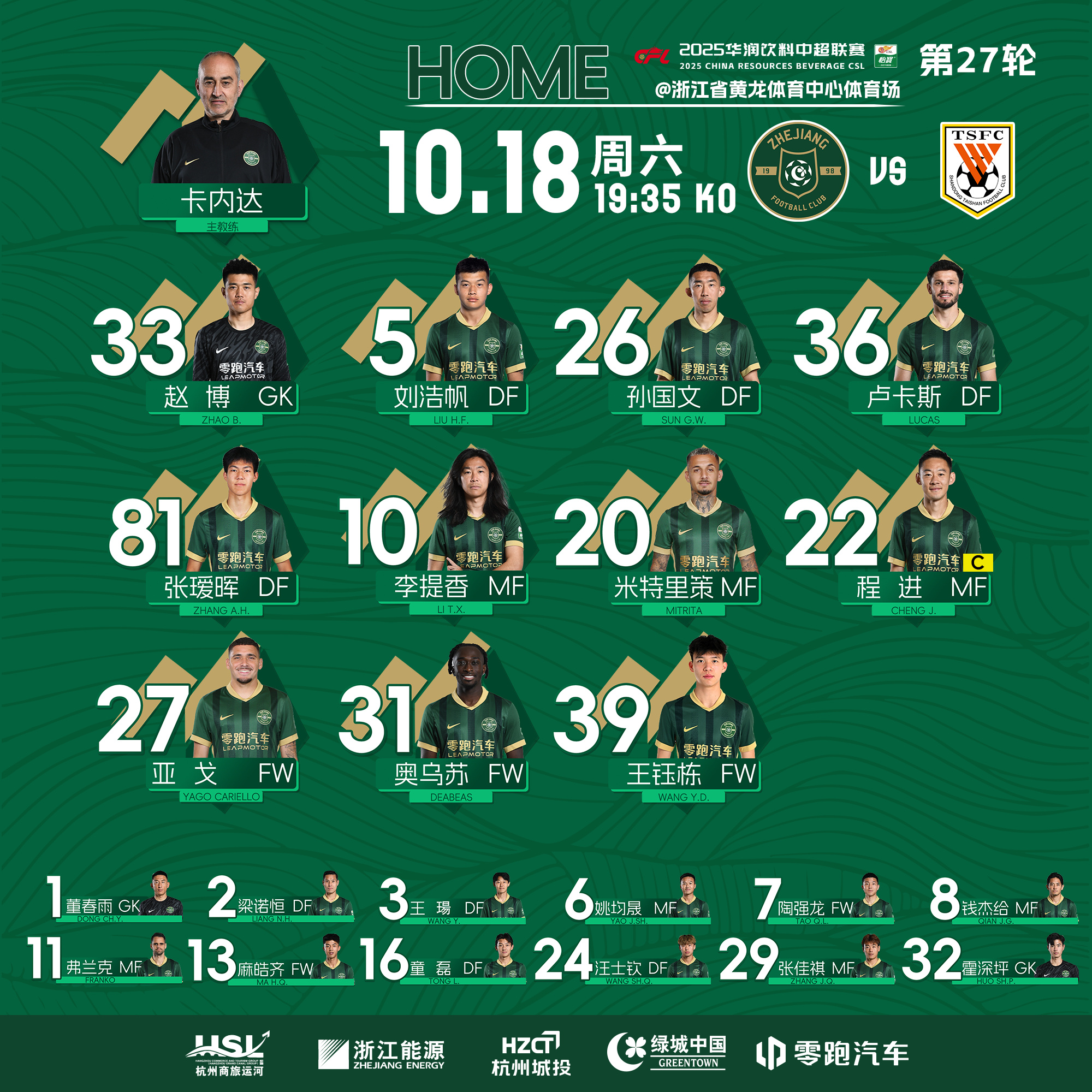 中超战报 | 2025中超联赛第27轮 浙江绿城2-2山东泰山插图